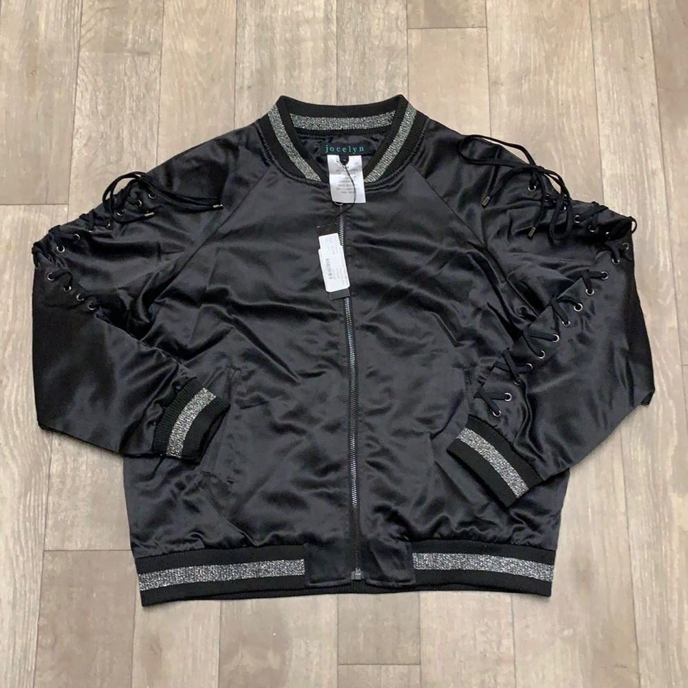 jocelyn Black Satin Bomber Jacket with Silver Trim